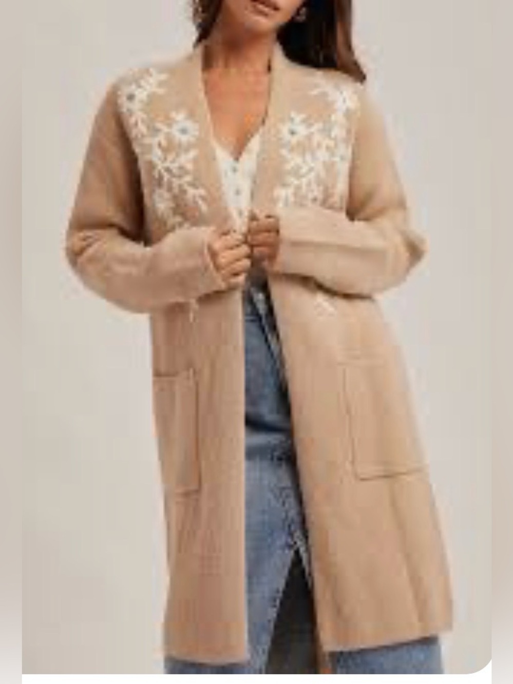Hem & Thread Beige Open-Front Cardigan with White Floral Embroidery